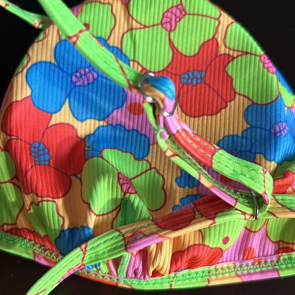 Metallic Halter Top Two Piece Neon Floral Tie Side Triangle Bikini Women’s Sz L - Picture 11 of 12